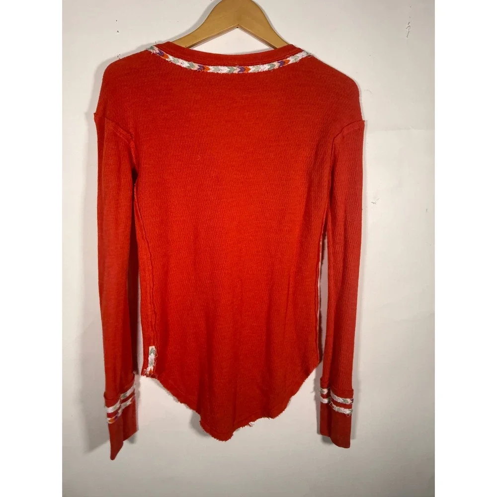 Free People We The Free Orange Red Thermal Henley Embroidered Trim Top XS